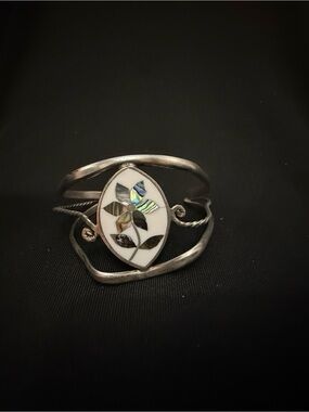 Sterling Silver Mother-of-Pearl Floral Inlay Cuff Bracelet - White